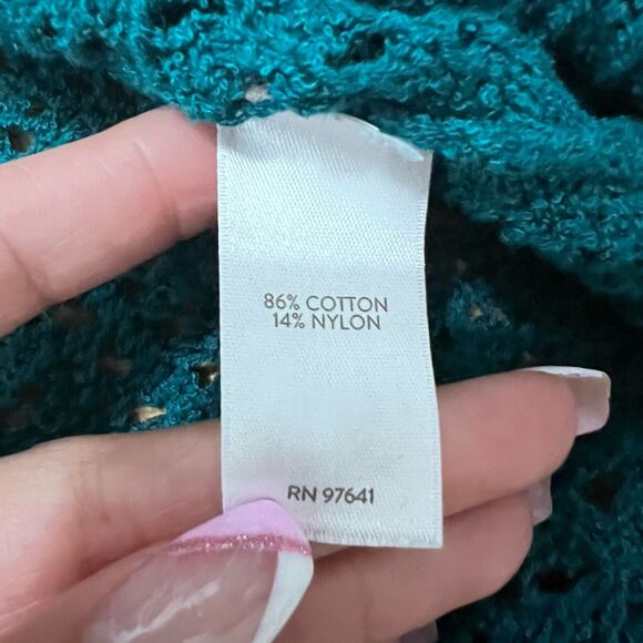 J. Jill Open Knit Sweater Size L Teal Blue Beachy Tunic Round Neck Crochet Top - Picture 6 of 7